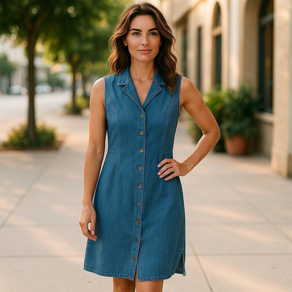 Vintage 90s Chambray Dress Women's 10 Blue Midi Sleeveless Button Front Cotton